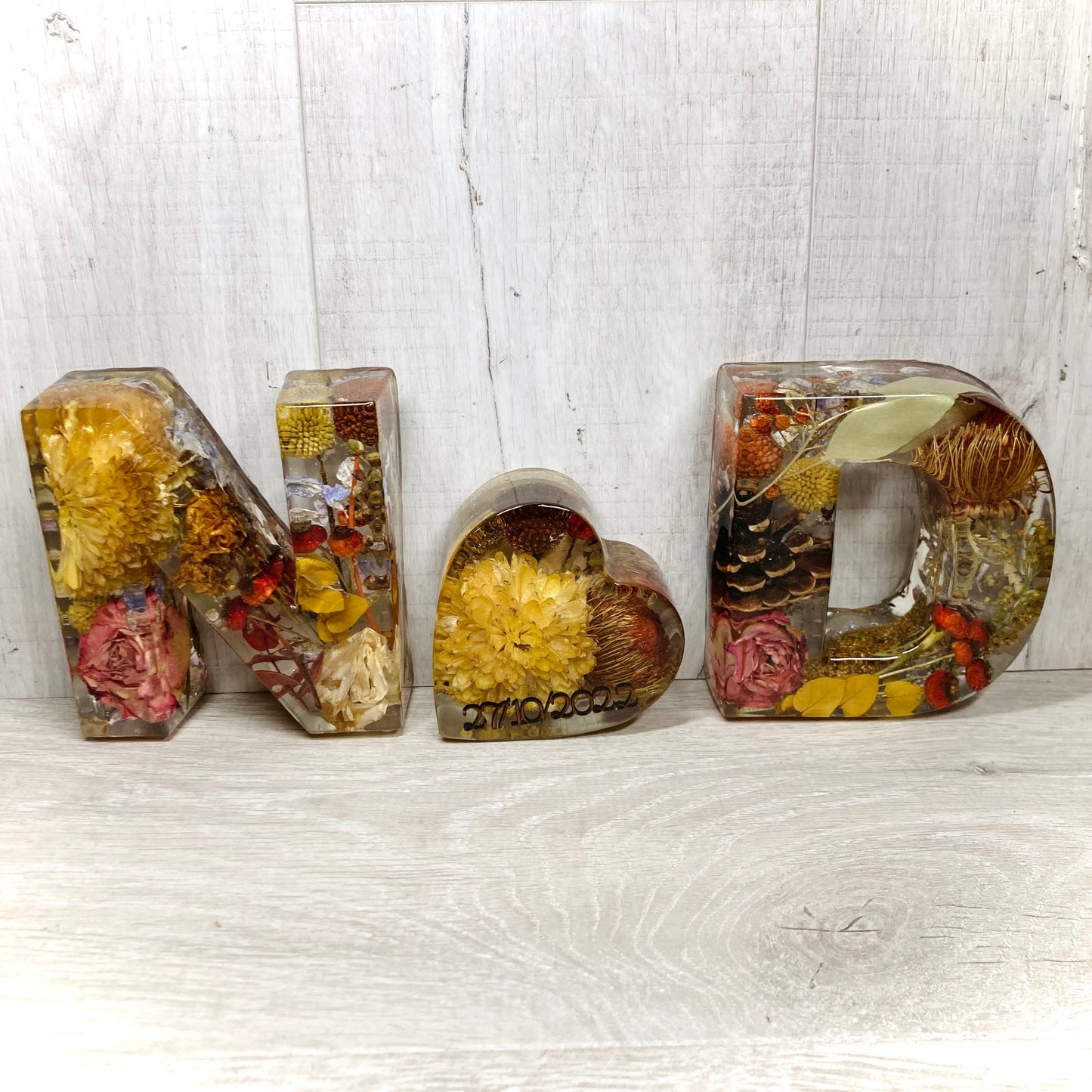 Flower Preservation two 13cm letters and a 10cm heart