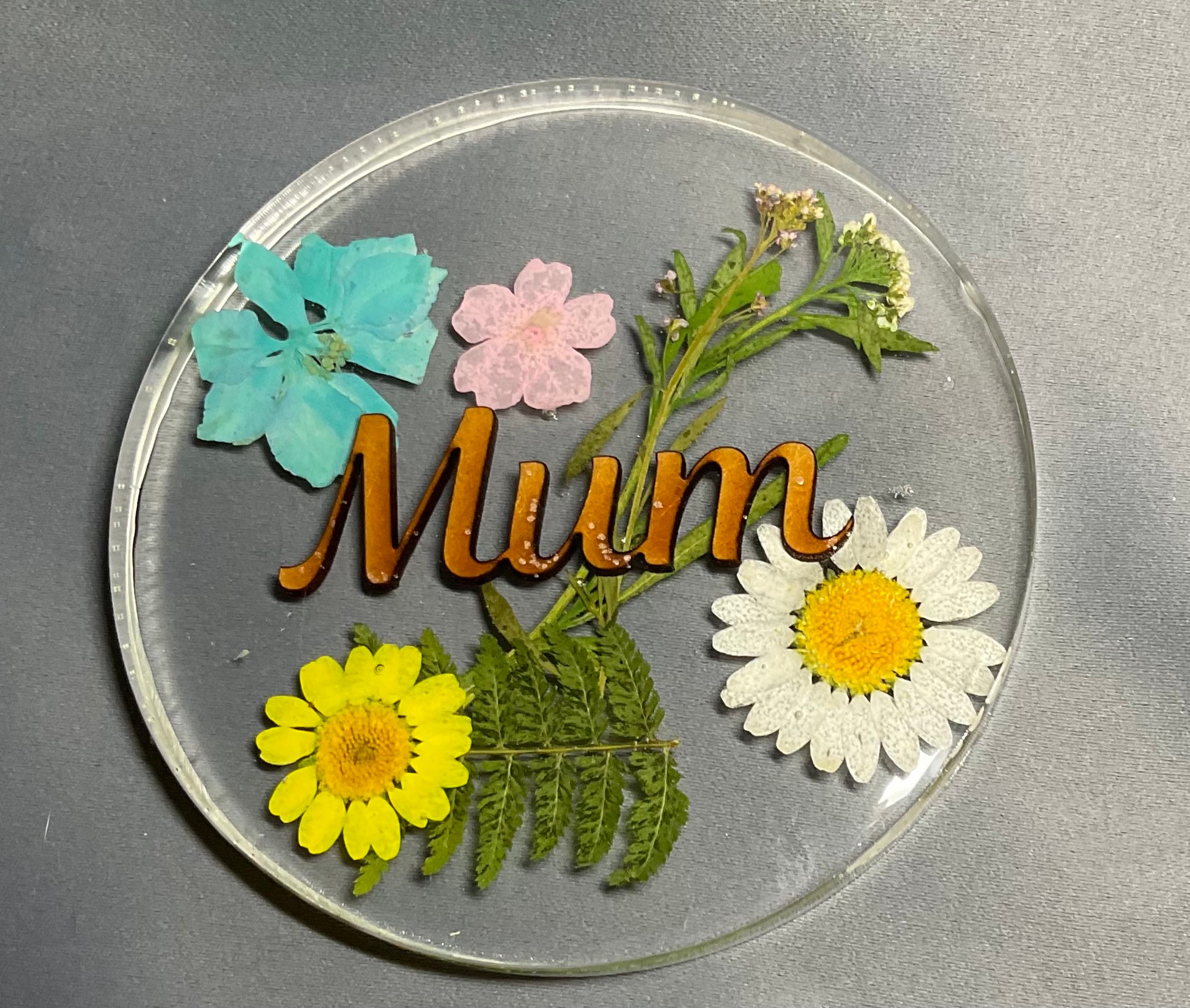 womens floral coaster, flower coaster, personalised coaster featuring a sepection of flowers, foliage and name of your choice, mum coaster