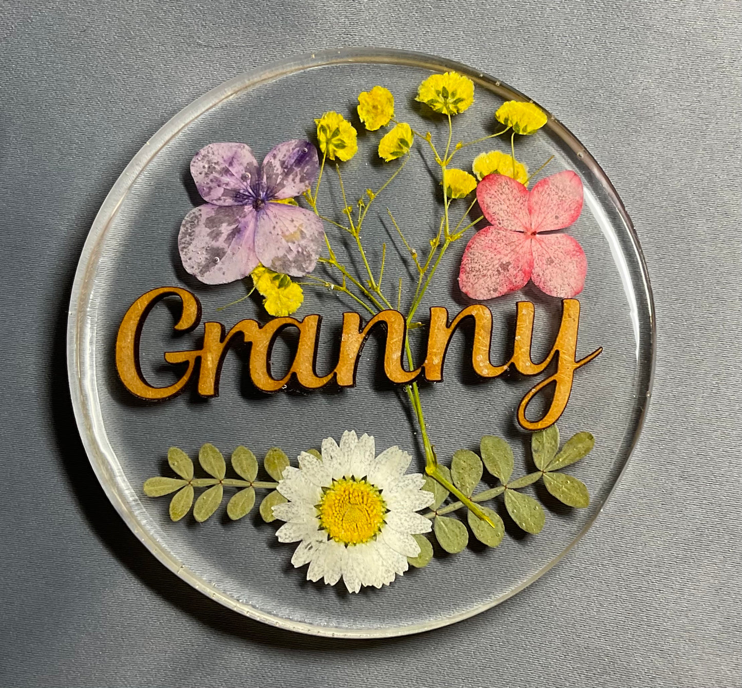 womens floral coaster, flower coaster, personalised coaster featuring a sepection of flowers, foliage and name of your choice, granny coaster