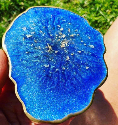 Sapphire blue geode style coaster with gold leaf and gold edging