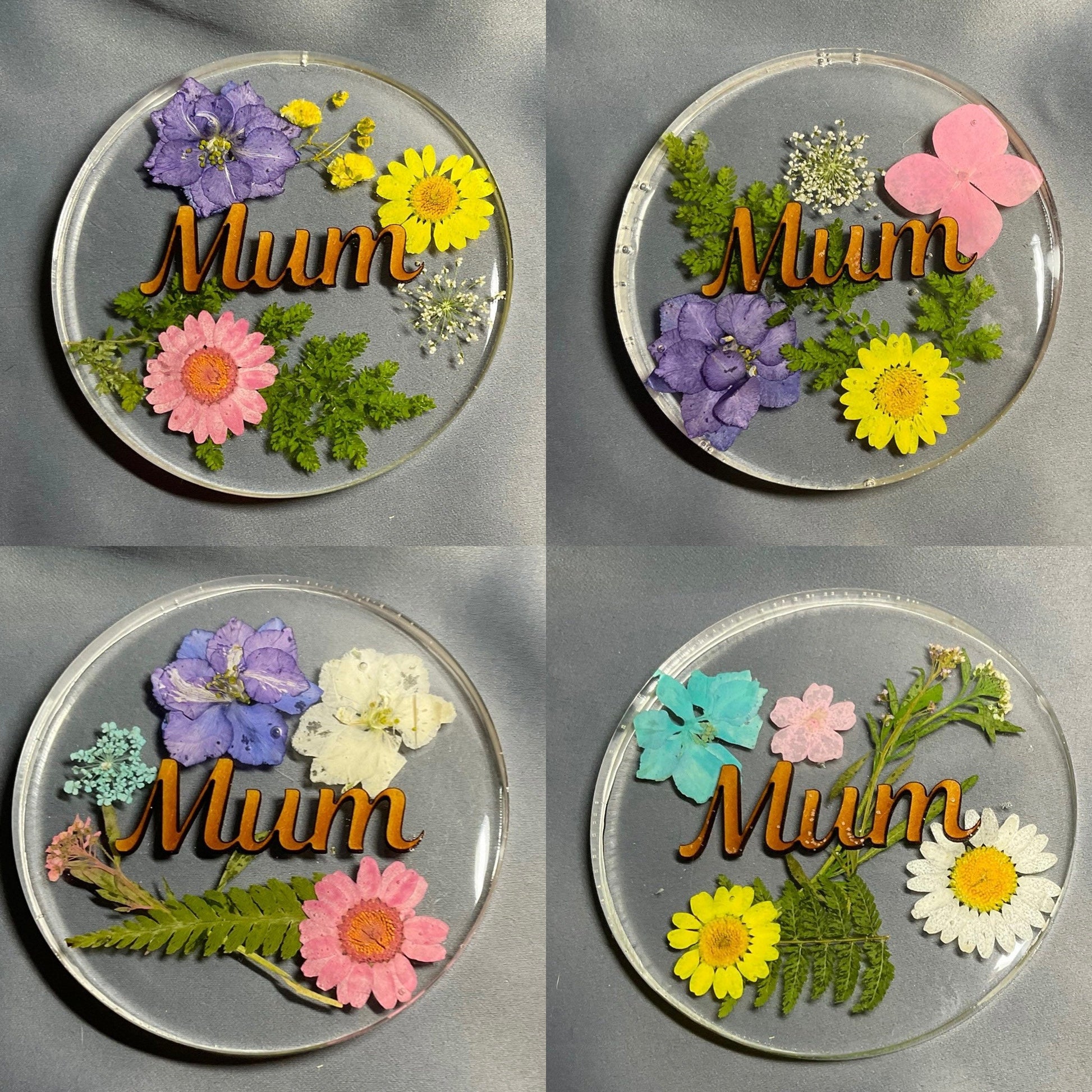 womens floral coaster, flower coaster, personalised coaster featuring a sepection of flowers, foliage and name of your choice