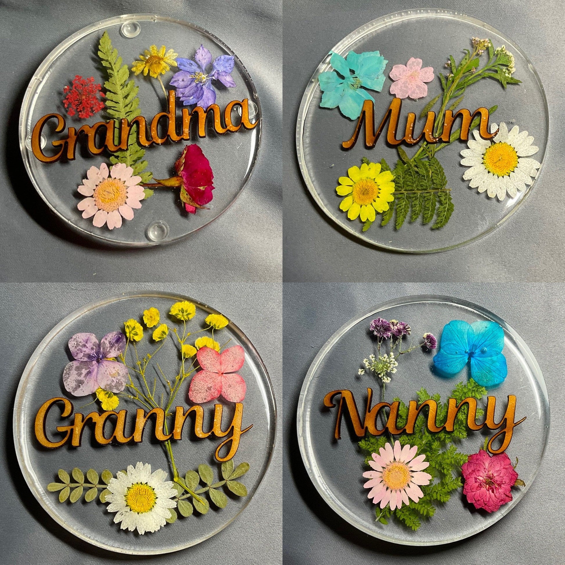 womens floral coaster, flower coaster, personalised coaster featuring a sepection of flowers, foliage and name of your choice