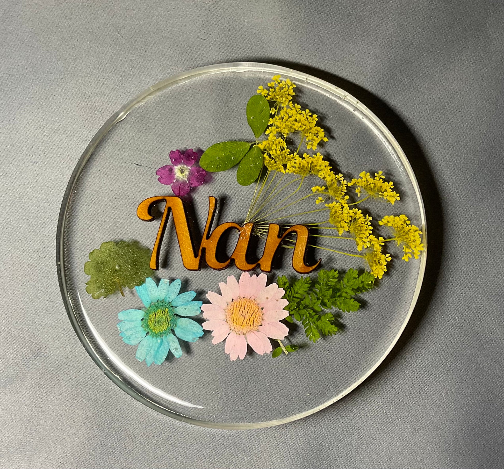 womens floral coaster, flower coaster, personalised coaster featuring a sepection of flowers, foliage and name of your choice, nan coaster