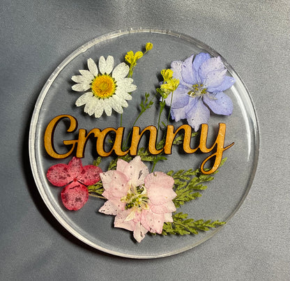 womens floral coaster, flower coaster, personalised coaster featuring a sepection of flowers, foliage and name of your choice, granny coaster