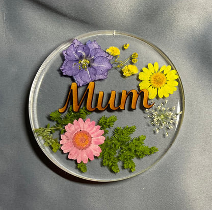 womens floral coaster, flower coaster, personalised coaster featuring a sepection of flowers, foliage and name of your choice, mum coaster