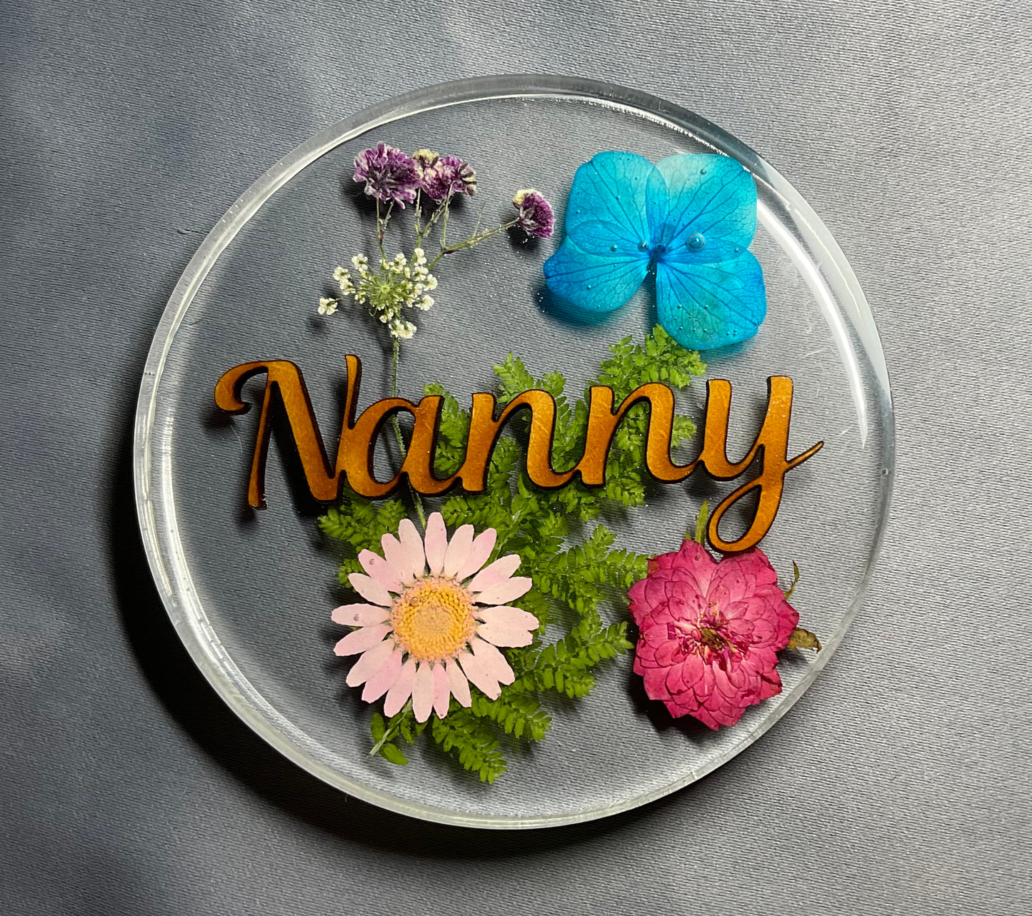 womens floral coaster, flower coaster, personalised coaster featuring a sepection of flowers, foliage and name of your choice, nanny coaster