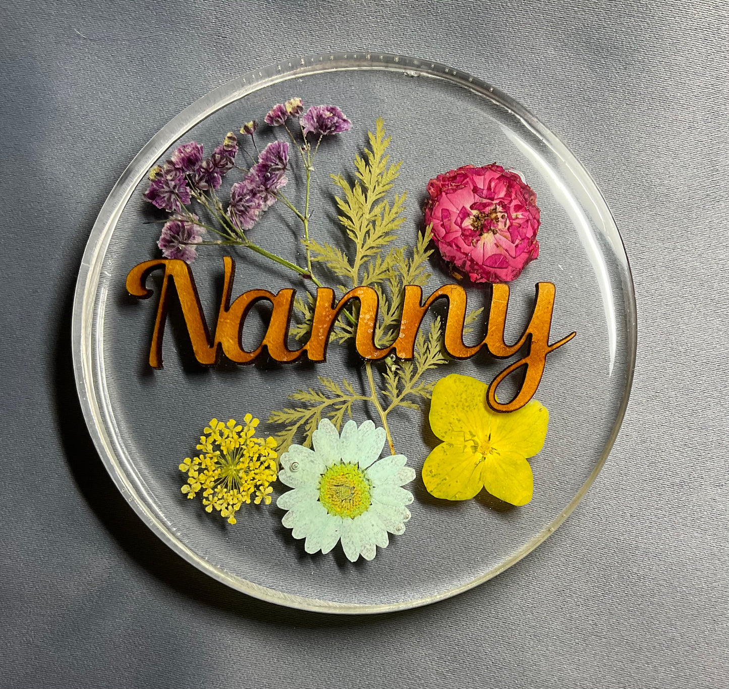 womens floral coaster, flower coaster, personalised coaster featuring a sepection of flowers, foliage and name of your choice, nanny coaster