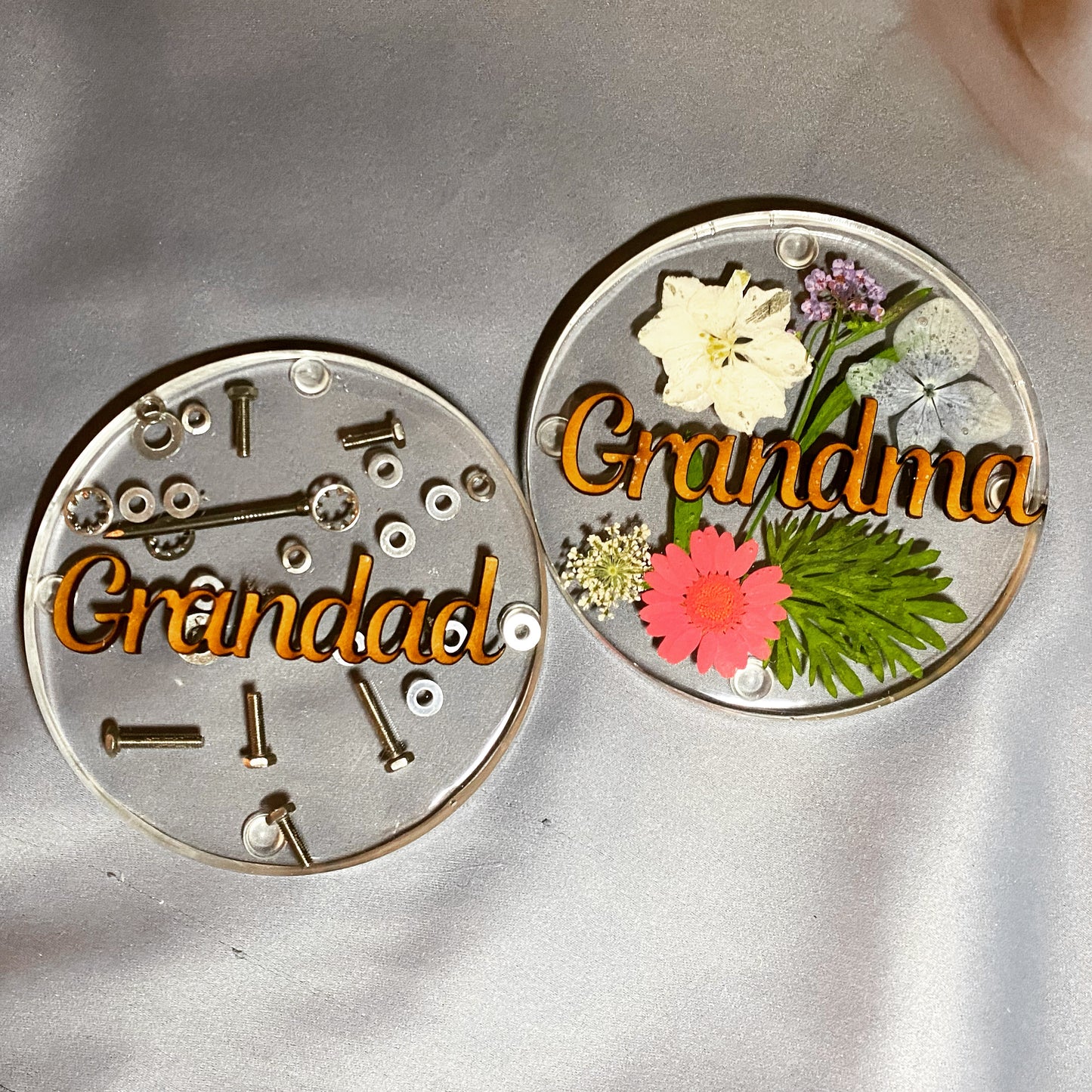 womens floral coaster, flower coaster, personalised coaster featuring a sepection of flowers, foliage and name of your choice, nut and bolt grandad coaster and a floral grandma coaster