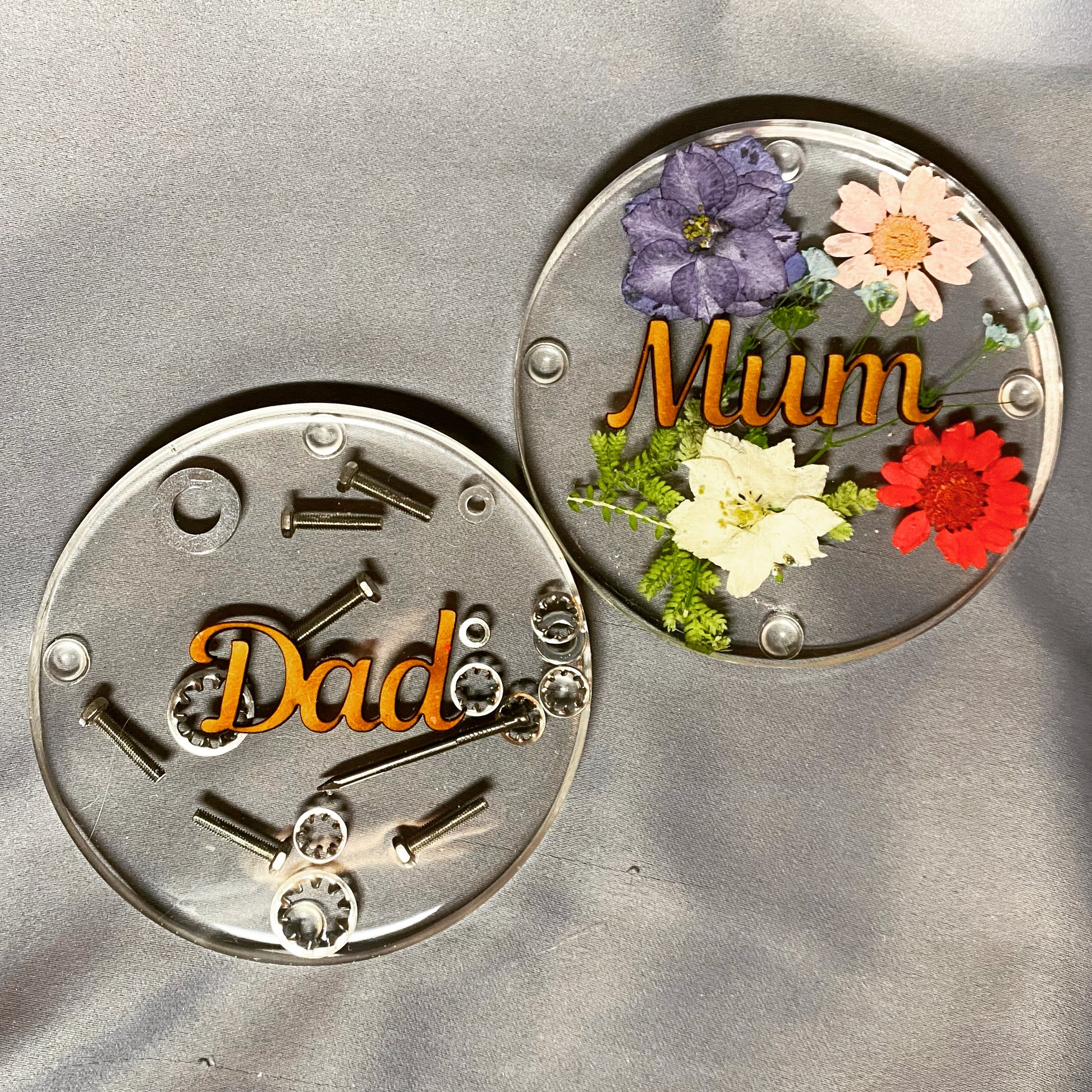 womens floral coaster, flower coaster, personalised coaster featuring a sepection of flowers, foliage and name of your choice, nut and bolt dad coaster and floral mum coaster
