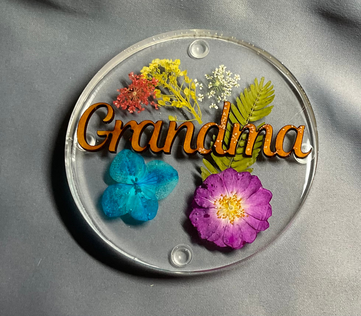 womens floral coaster, flower coaster, personalised coaster featuring a sepection of flowers, foliage and name of your choice, grandma coaster