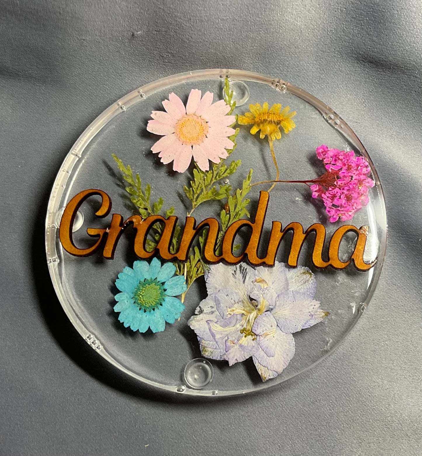 womens floral coaster, flower coaster, personalised coaster featuring a sepection of flowers, foliage and name of your choice, grandma coaster