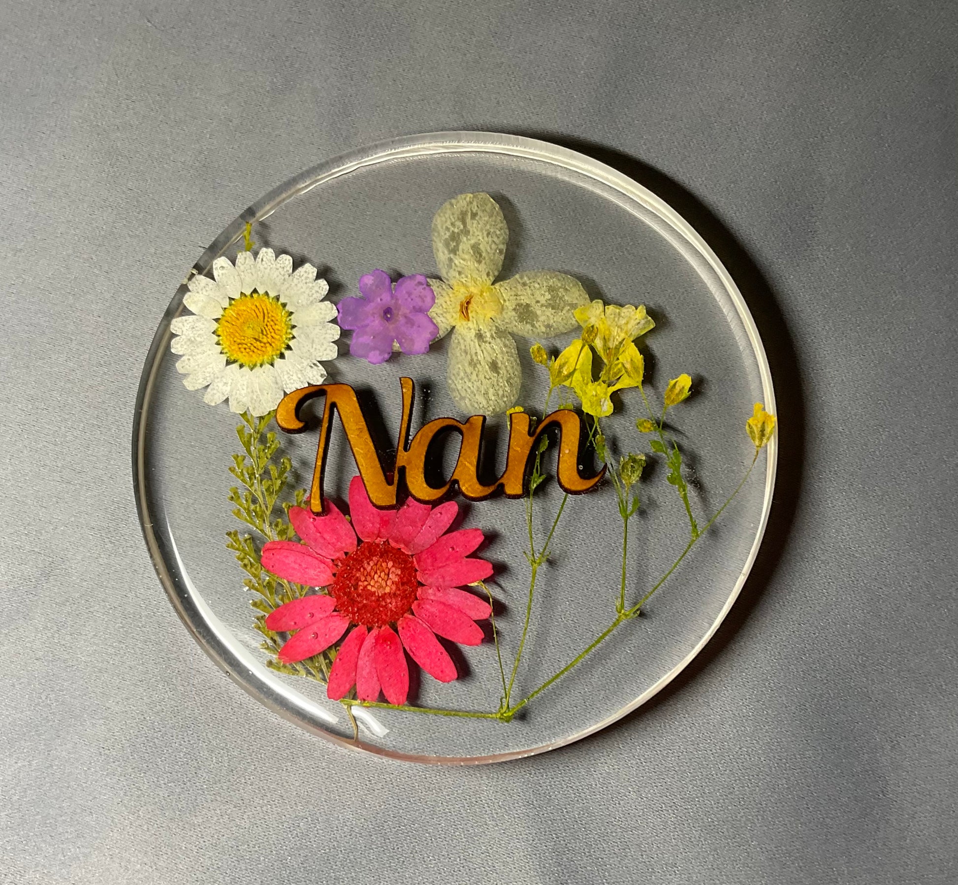 womens floral coaster, flower coaster, personalised coaster featuring a sepection of flowers, foliage and name of your choice, nan coaster